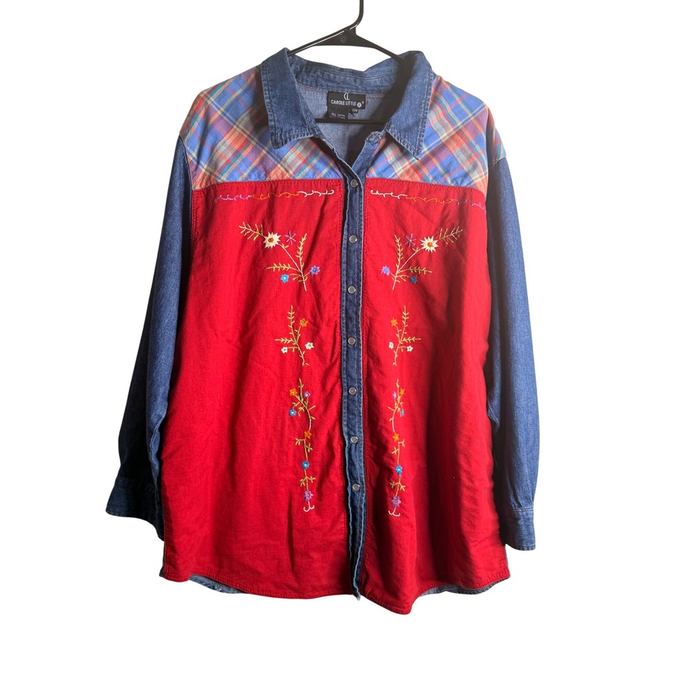 VTG Carole Little Women 20W Denim Plaid Floral Embroidered Western Button Shirt